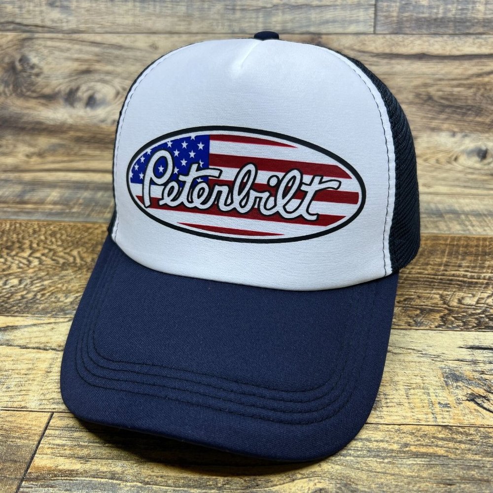 Peterbilt Mens Trucker Hat Navy Snapback USA American Flag 18 Wheeler Truck Cap